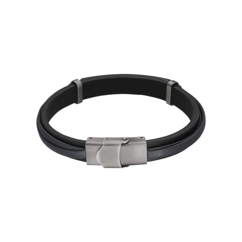 Bracelet ETIKA Avec Plaque En Acier Et Cuir Noir Et Bleu AE BR70004