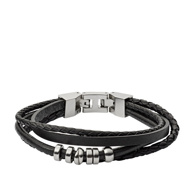 Bracelet FOSSIL Homme Acier Argenté et Cuir Noir - JF03183040