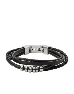 Bracelet FOSSIL Homme Acier Argenté et Cuir Noir - JF03183040