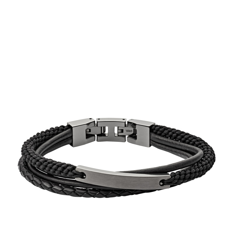 Bracelet FOSSIL Homme Acier Gris fumé et Cuir Noir - JF03185793