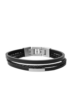Bracelet FOSSIL Homme Acier Gris et Cuir Noir - JF03322040