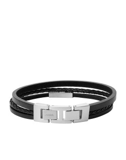 Bracelet FOSSIL Homme Acier Gris et Cuir Noir - JF03322040