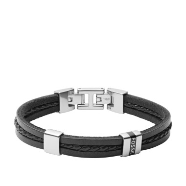 Bracelet FOSSIL Homme Acier Gris et Cuir Noir - JF03686040