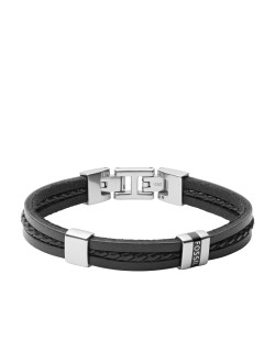Bracelet FOSSIL Homme Acier Gris et Cuir Noir - JF03686040