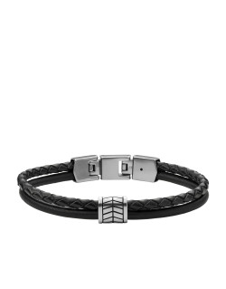 Bracelet FOSSIL Homme Acier Gris et Cuir Noir - JF03848040