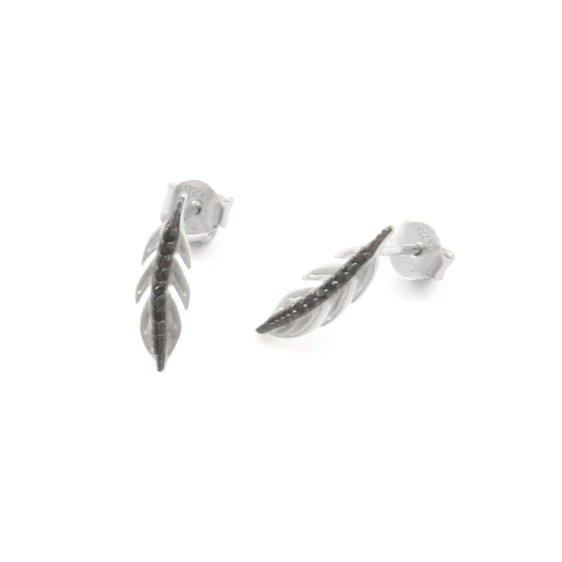 Boucles d'oreilles Plumes AÉLYS en Argent 925/1000 Blanc et Oxyde - AE-B6OZ0045