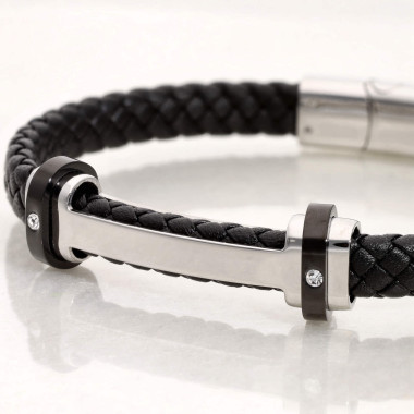 Bracelet ETIKA en Acier et Cuir Noir - AE-BR70007