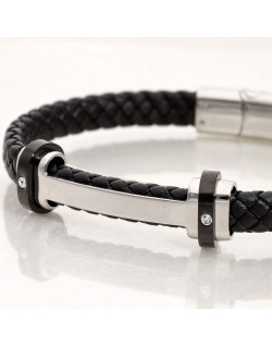 Bracelet ETIKA en Acier et Cuir Noir - AE-BR70007