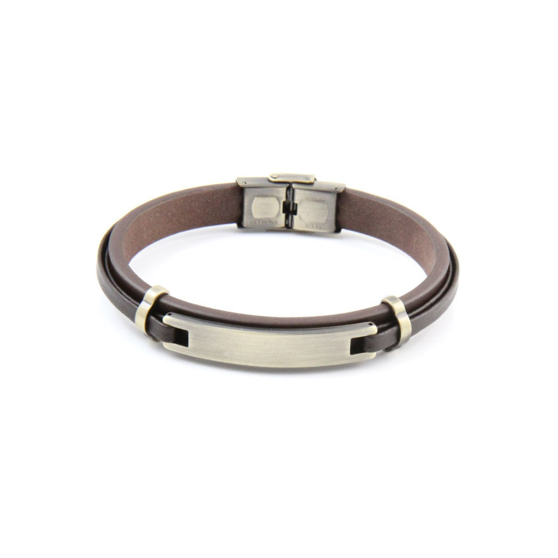 Bracelet ETIKA avec Plaque en Acier Doré et Cuir Marron - AE-BR70018