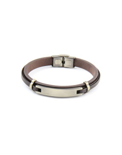 Bracelet ETIKA avec Plaque en Acier Doré et Cuir Marron - AE-BR70018