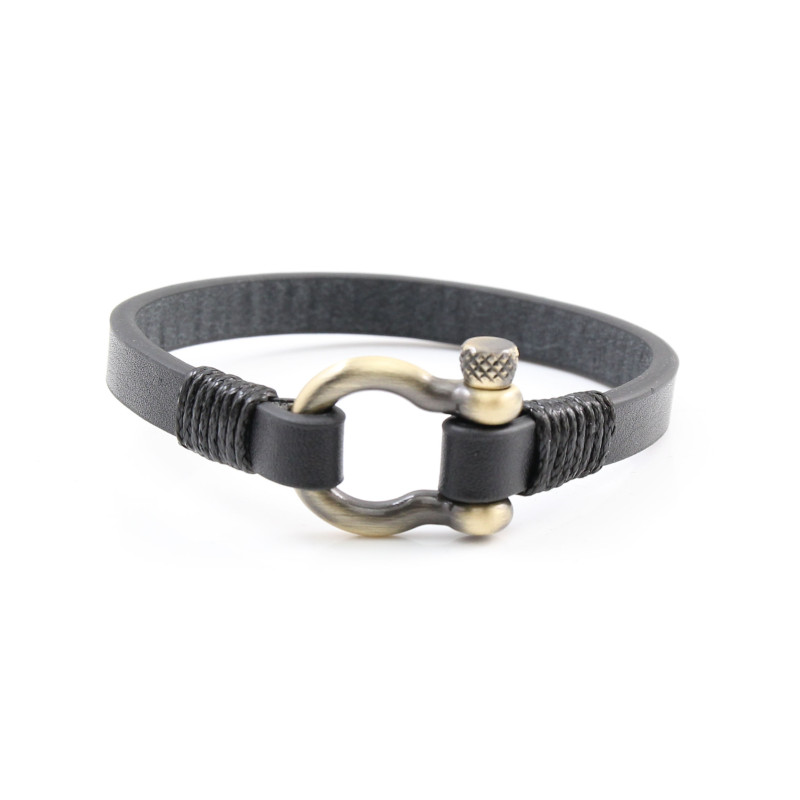 Bracelet ETIKA Fer à Cheval en Acier et Cuir Noir - AE-BR70086