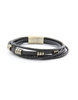 Bracelet ETIKA en Acier et Cuir Noir - AE-BR70095
