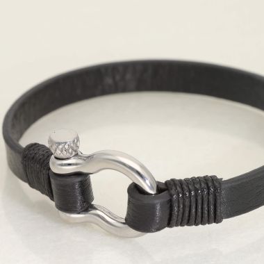 Bracelet ETIKA Fer à Cheval en Acier et Cuir Noir - AE-BR70008