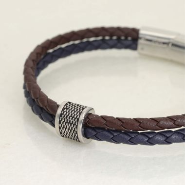 Bracelet ETIKA en Acier et Cuir Tressé Noir et Bleu - AE-BR70003