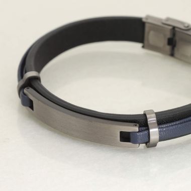 Bracelet ETIKA avec Plaque en Acier et Cuir Noir et Bleu - AE-BR70004