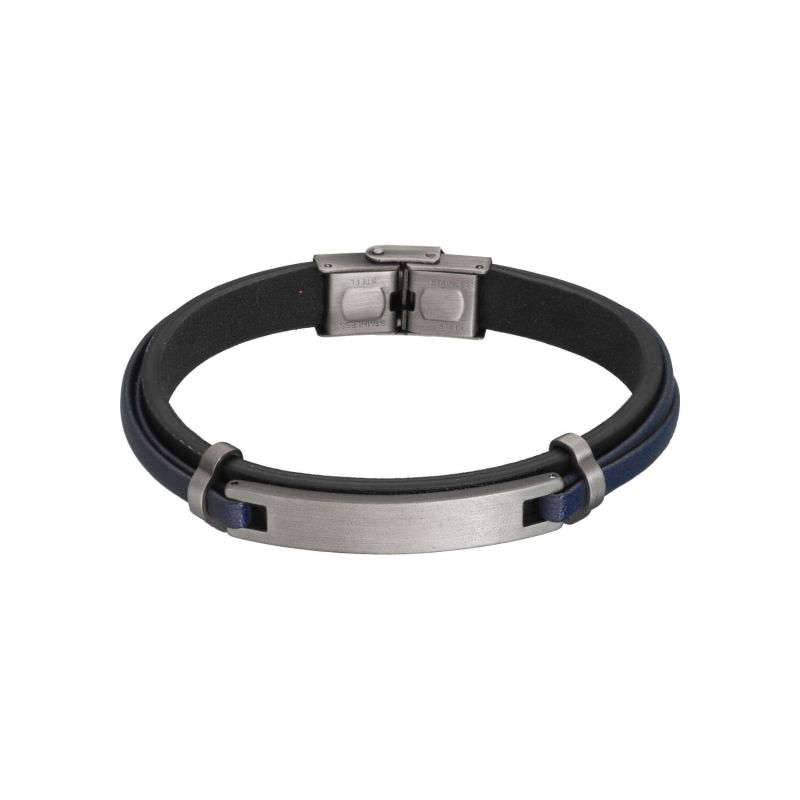 Bracelet ETIKA avec Plaque en Acier et Cuir Noir et Bleu - AE-BR70004