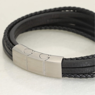 Bracelet ETIKA en Acier et Cuir Noir - AE-BR70140