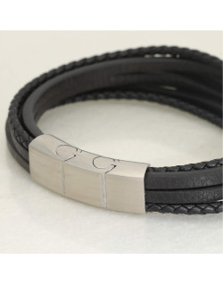 Bracelet ETIKA en Acier et Cuir Noir - AE-BR70140