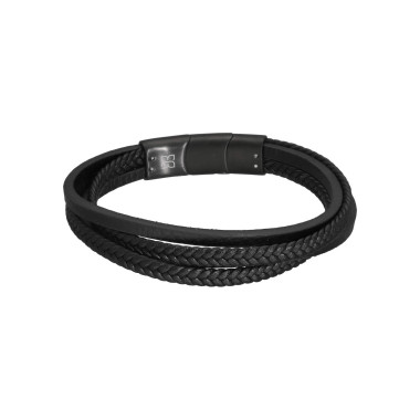Bracelet ETIKA en Acier et Cuir Noir - AE-BR70142