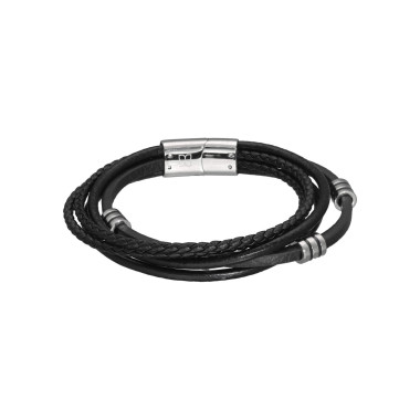 Bracelet ETIKA en Acier et Cuir Noir - AE-BR70143