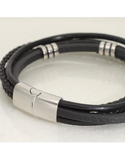 Bracelet ETIKA en Acier et Cuir Noir - AE-BR70143