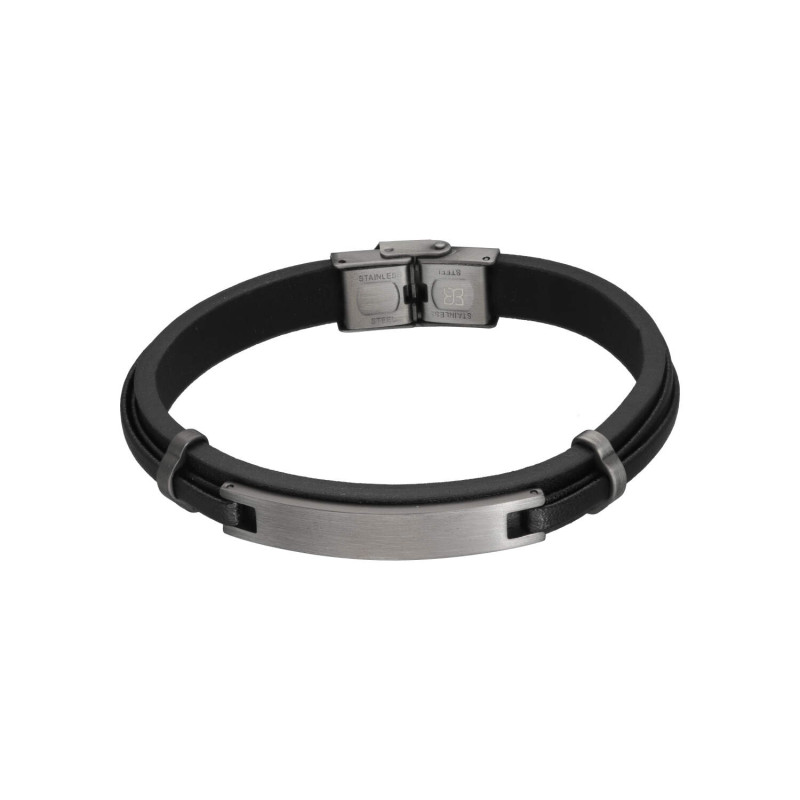 Bracelet ETIKA en Acier et Cuir Noir - AE-BR70144
