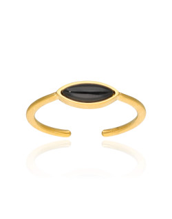 Bague ETIKA Réglable en Acier Jaune et Agate Noire - AE-BA7AG0002