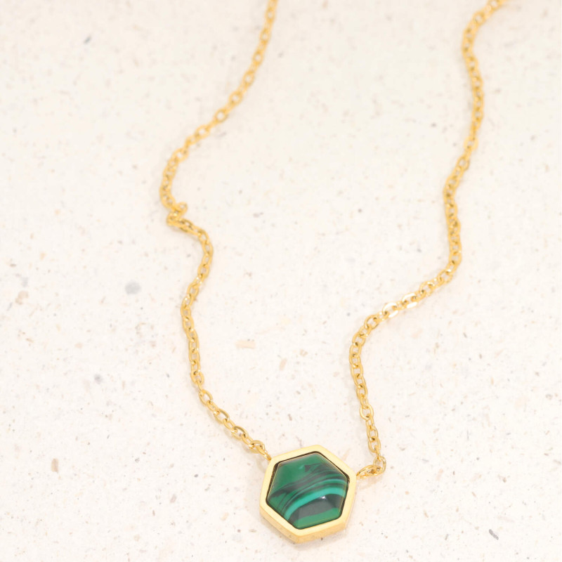 Collier H Xagone Etika En Acier Jaune Et Malachite Verte Ae C Ml Aelys