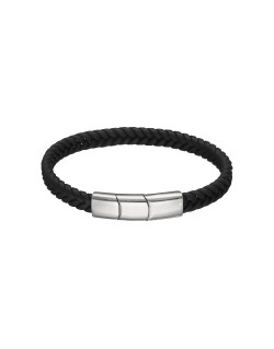 Bracelet ETIKA en Acier et Cuir Noir Tressé - AE-BR70153