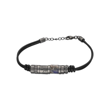 Bracelet ETIKA en Acier et Cuir Noir Sodalite - AE-BR7SD0003
