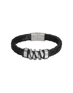 Bracelet Griffe ETIKA en Acier et Cuir Noir Tressé - AE-BR70156