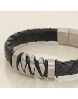 Bracelet Griffe ETIKA en Acier et Cuir Noir Tressé - AE-BR70156