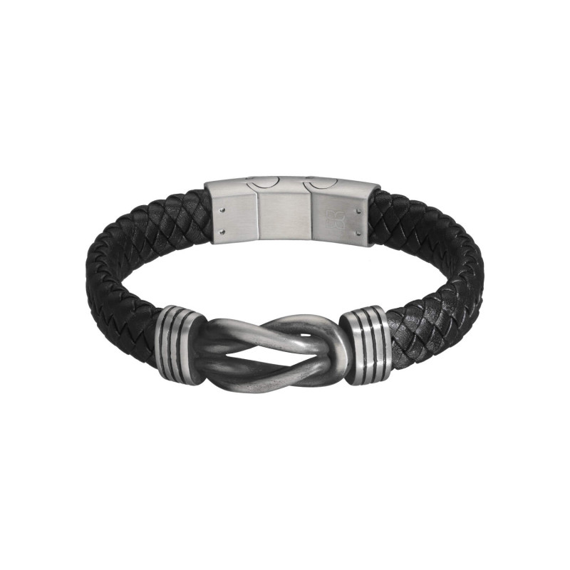 Bracelet Noeud ETIKA en Acier et Cuir Noir Tressé - AE-BR70157
