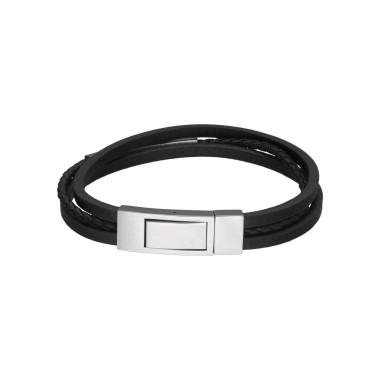 Bracelet Plaque ETIKA en Acier et Cuir Noir Multirang - AE-BR70158