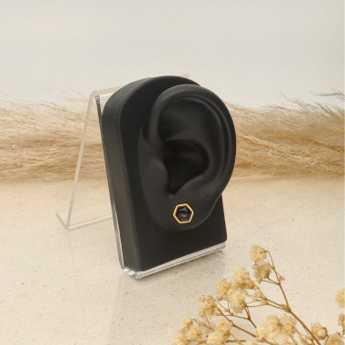 Boucles d'oreilles Héxagone ETIKA en Acier Jaune et Agate Noire - AE-B7AG0004