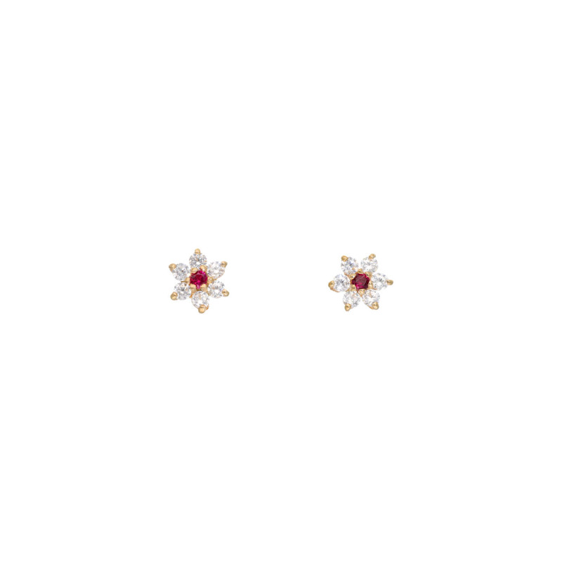 Boucles d'oreilles Fleur AÉLYS en Or 375/1000 et Rubis Rouge - AE-B4RU0008