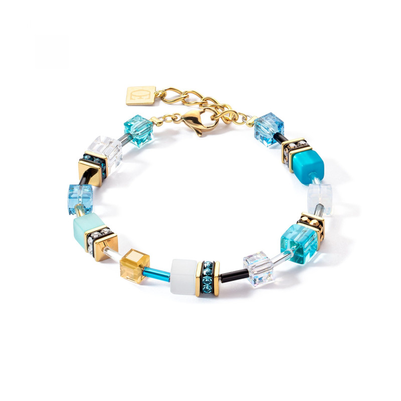 Bracelet GEO CUBE - CŒUR DE LION en Acier Doré et Cristaux Bleu - 2838/30-0616