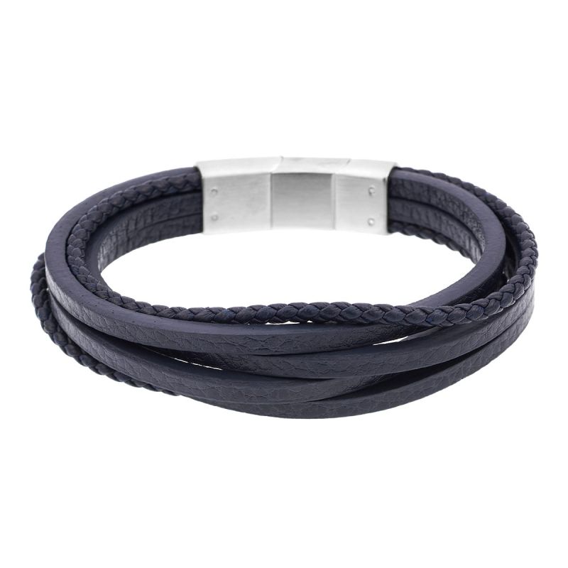 //Bracelet ETIKA en Acier et Cuir Bleu - AE-BR70141