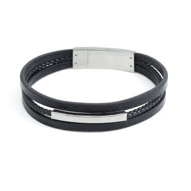Bracelet Plaque ETIKA en Acier et Cuir Noir Multirang - AE-BR70158