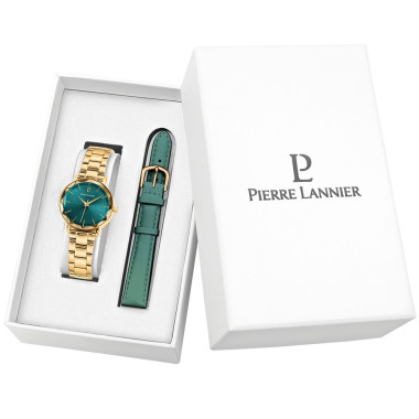 Coffret Montre MULTIPLES - PIERRE LANNIER Femme Bracelet Acier et Bracelet Cuir Vert - 351K562