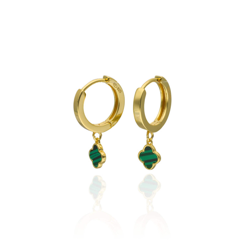 Boucles d'oreilles Créoles ABELLION en Argent 925/1000 Jaune et Trèfle Malachite - AE-B6ML0002