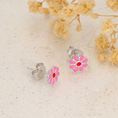 Boucles d'oreilles Fleur AÉLYS en Argent 925/1000 et Émail Rose et Rouge - AE-B60267