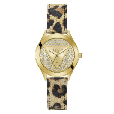 Montre GLITZ PLAQUE - GUESS Femme Cadran Doré avec Cristaux et Bracelet Cuir Léopard - GW0745L2