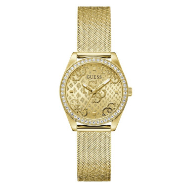 Montre BOA - GUESS Femme Cadran Doré avec Logo G et Bracelet Acier Maille Milanaise Python Doré - GW0748L2