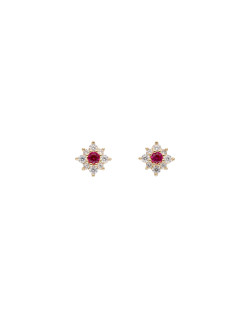 Boucles d'oreilles Fleur AÉLYS en Plaqué Or avec Spinelle Rouge et Oxydes  - AE-B5SP0004