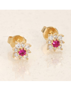 Boucles d'oreilles Fleur AÉLYS en Plaqué Or avec Spinelle Rouge et Oxydes  - AE-B5SP0004