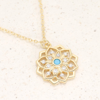 Collier Fleur ECLAT DE LUNE en Argent 925/1000 Jaune avec Turquoise et Oxydes - AE-C6P0017