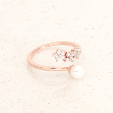 Bague LA PETITE PERLE en Argent 925/1000 Rose avec Perle Blanche et Oxydes - AE-BA6PL0003