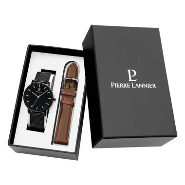 Coffret ESSENTIAL - PIERRE LANNIER Homme Bracelet Acier Milanais Noir et Bracelet Cuir Brun - 388C439