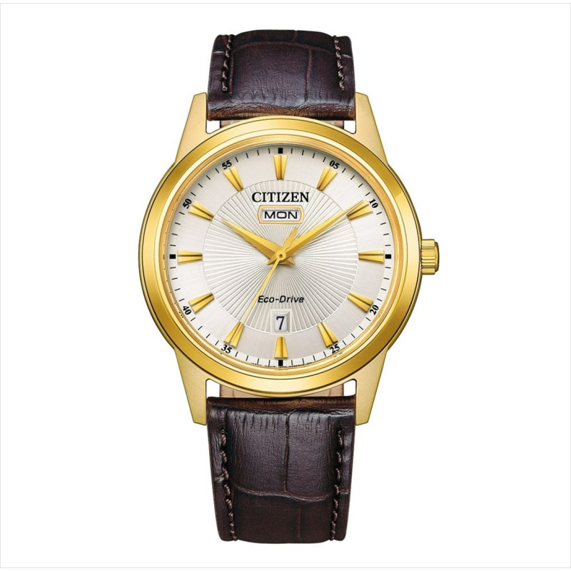 Montre Eco-drive CLASSIC ELEGANT - CITIZEN Homme Cadran Blanc Bracelet Cuir Marron - AW0102-13AE